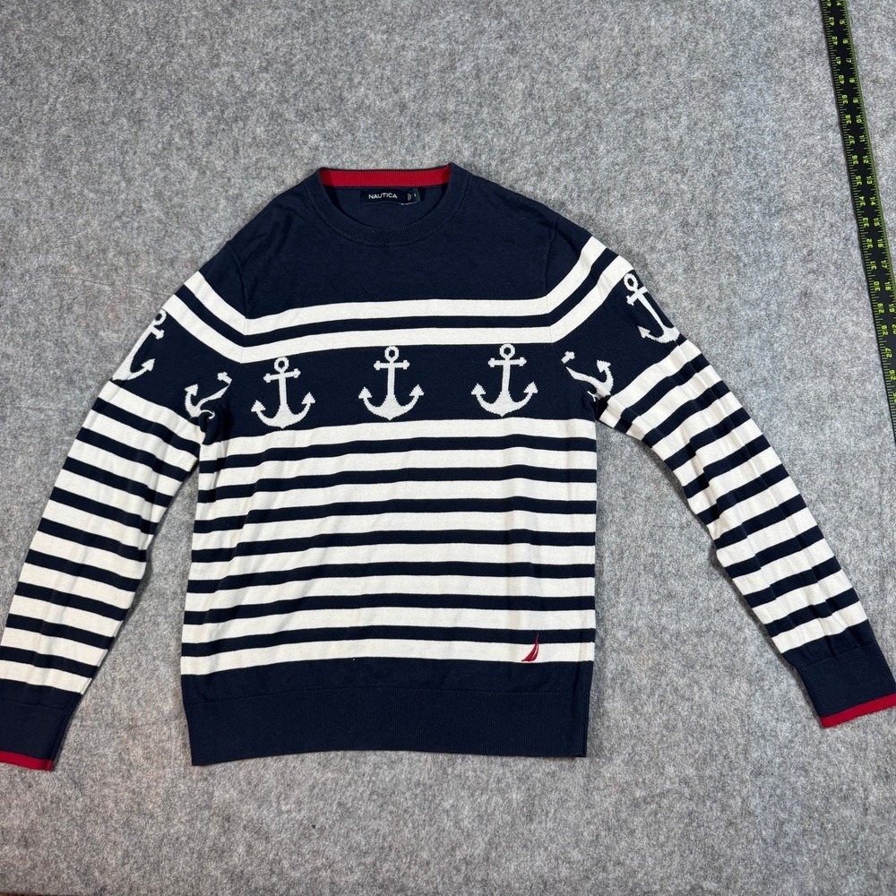 Nautica Mens Anchor Striped Crew Neck Pullover Sweater - Nautical Style Small